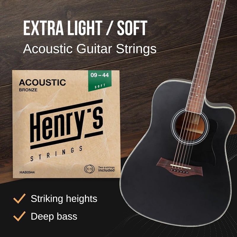 Henry's Strings Extra Light Acoustic Guitar Strings 09-44 - Easy On Fingers & Excellent Sound - Extra E-1 String & 3 Guitar Picks - Super Light Acoustic Guitar Strings - Steel 6 String Set Cuerdas Para Guitarra - Image 2